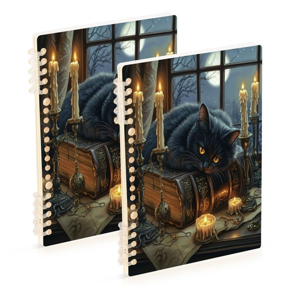 WOBOGO Fluffy Black Cat Notebook College Horizontal Grid Paper Ink Spill Resistant Water Resistant Cover 8.3x5.7x0.4in