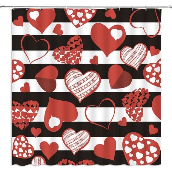 Valentine''s Day Shower Curtain Black White Stripes Pink and Red Sweet Heart Romantic Lover Couple Gifts Elegant Charming Wedding Women Girls Bathroom Curtain Set Polyester Fabric Hooks 35 X 70 Inch