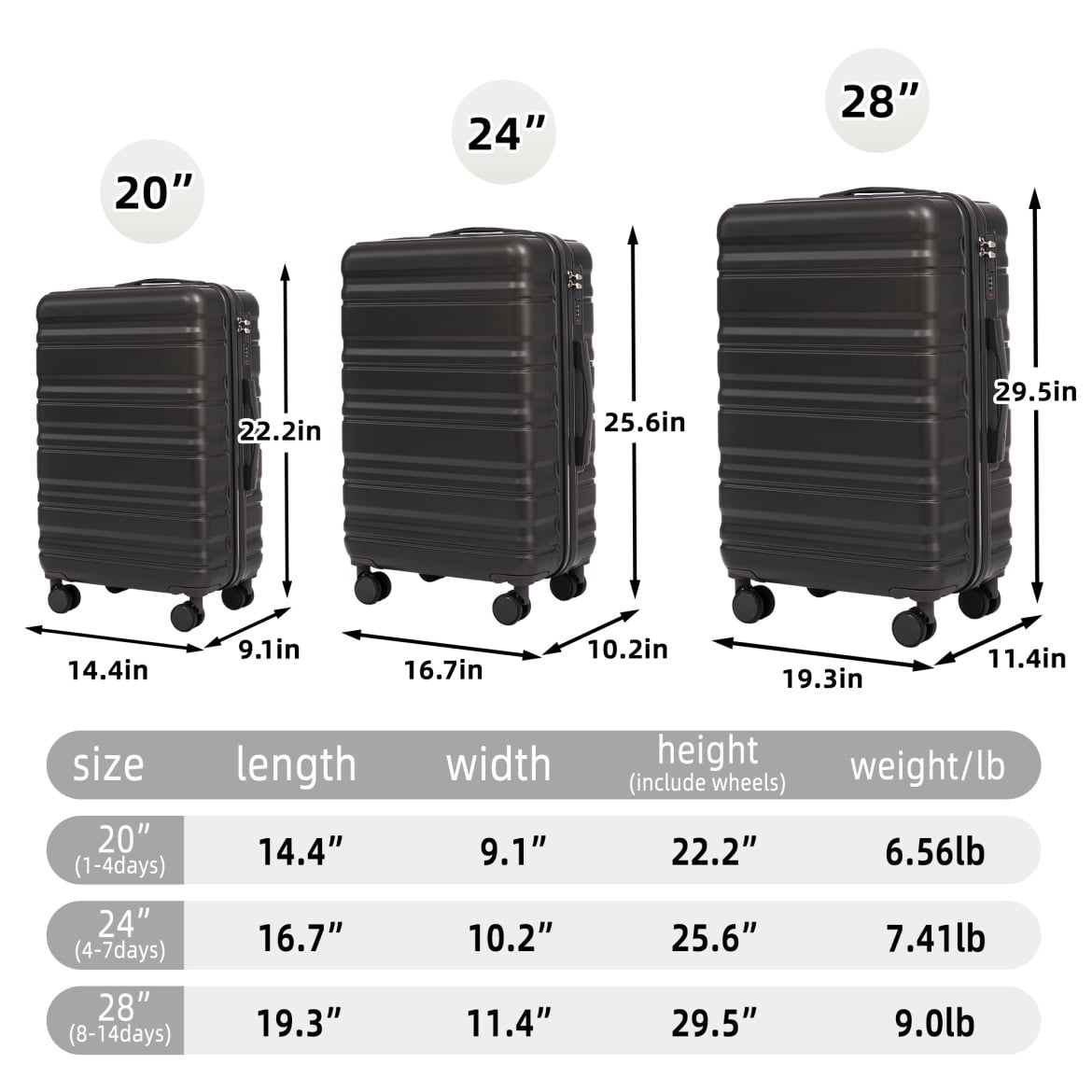 3 Pieces Premium Luggage Set with Expandable Design, 20" 24" 28" Hardside Spinner Suitcases with TSA Lock, Lightweight ABS+PC Checked & Carry On Luggage for International Travel,Dark Gray