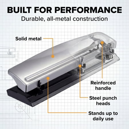 Bostitch Office Premium 3 Hole Punch, 12 Sheet Capacity, Metal, Rubber Base, Easy-Clean Tray, Silver - Image 2