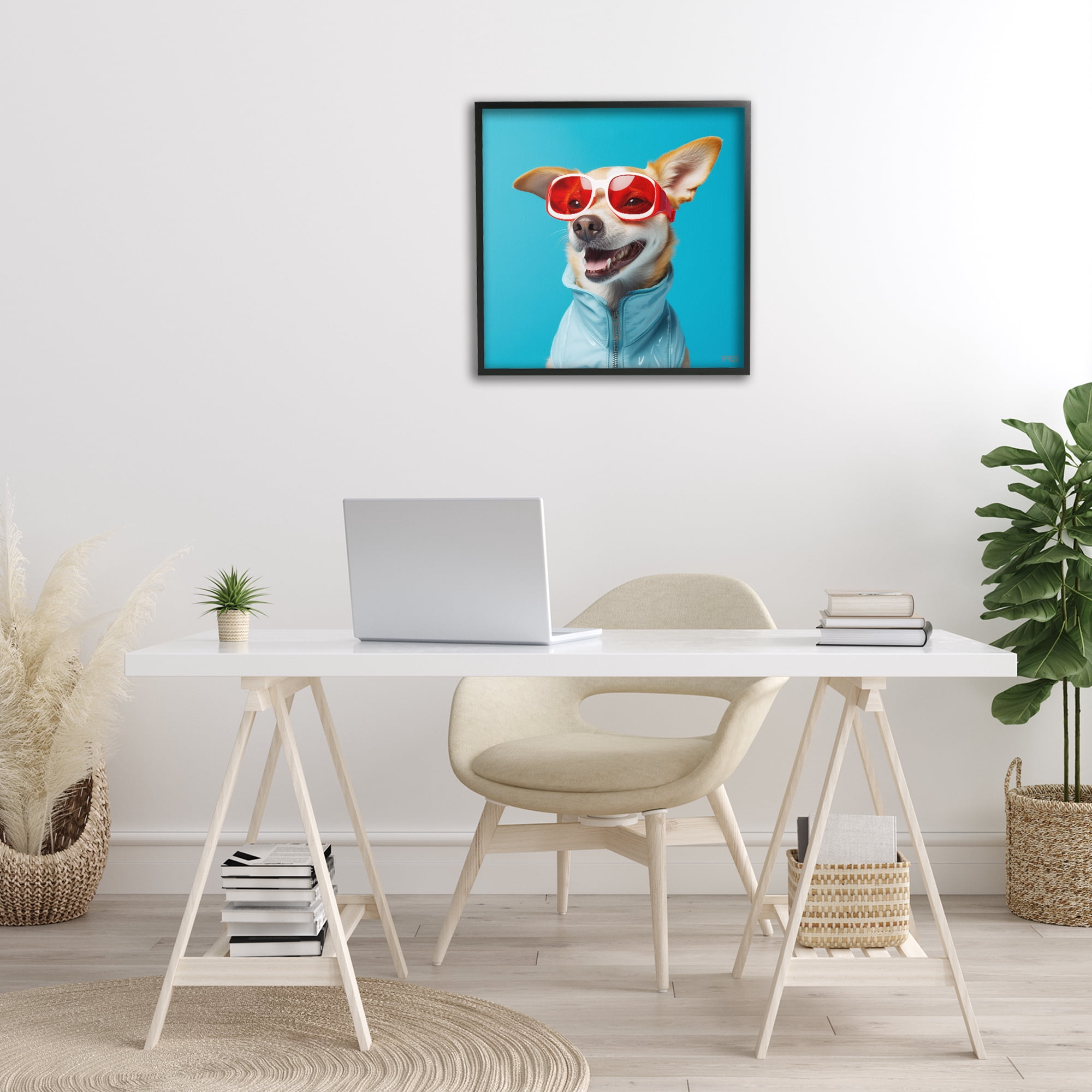 Stupell Industries Stylish Dog on Blue Animals & Insects Painting Black Framed Art Print Wall Art, 24 x 24