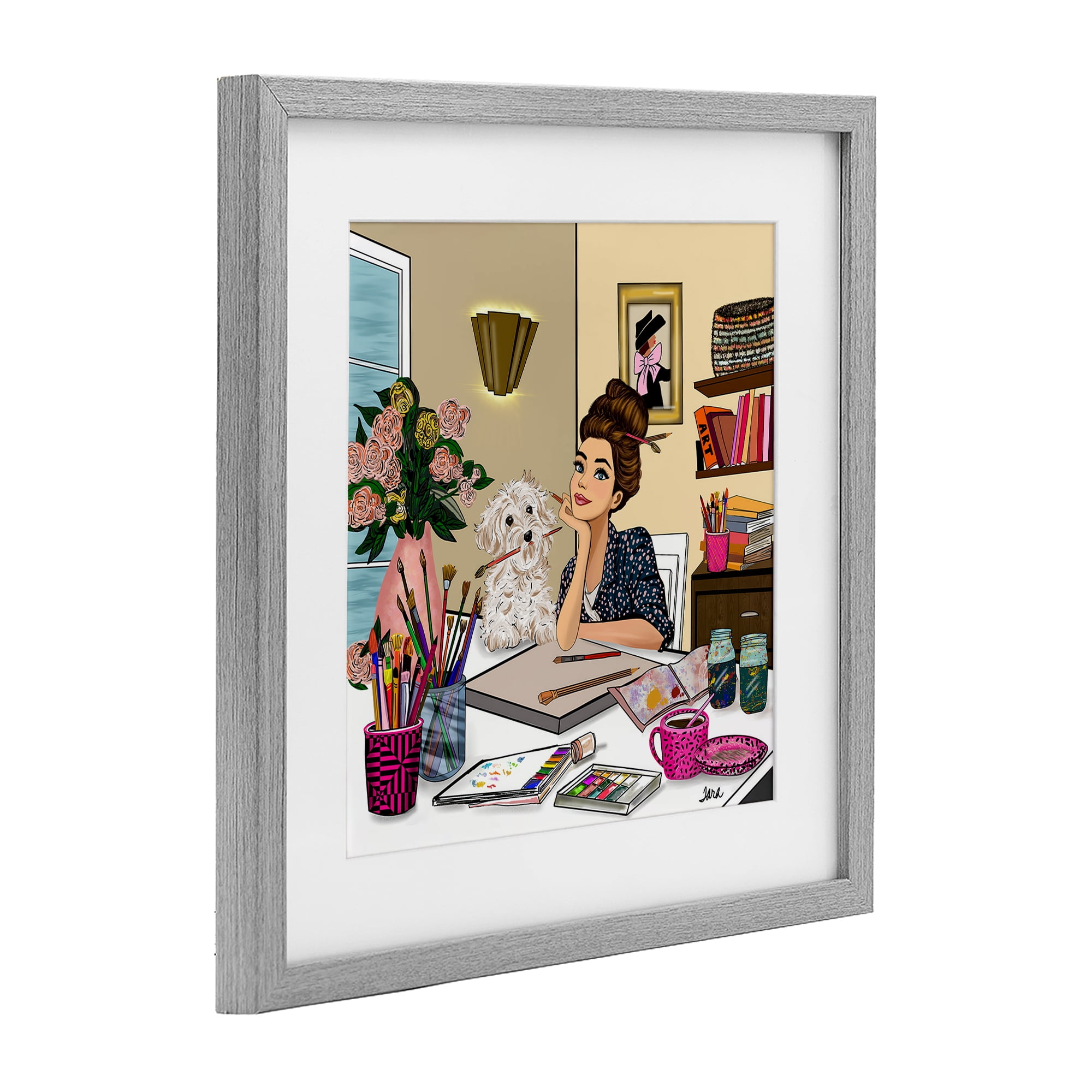 Stupell Industries Creative Art Girl at Desk Gray Framed Print Under Glass, design by Tara Boone
