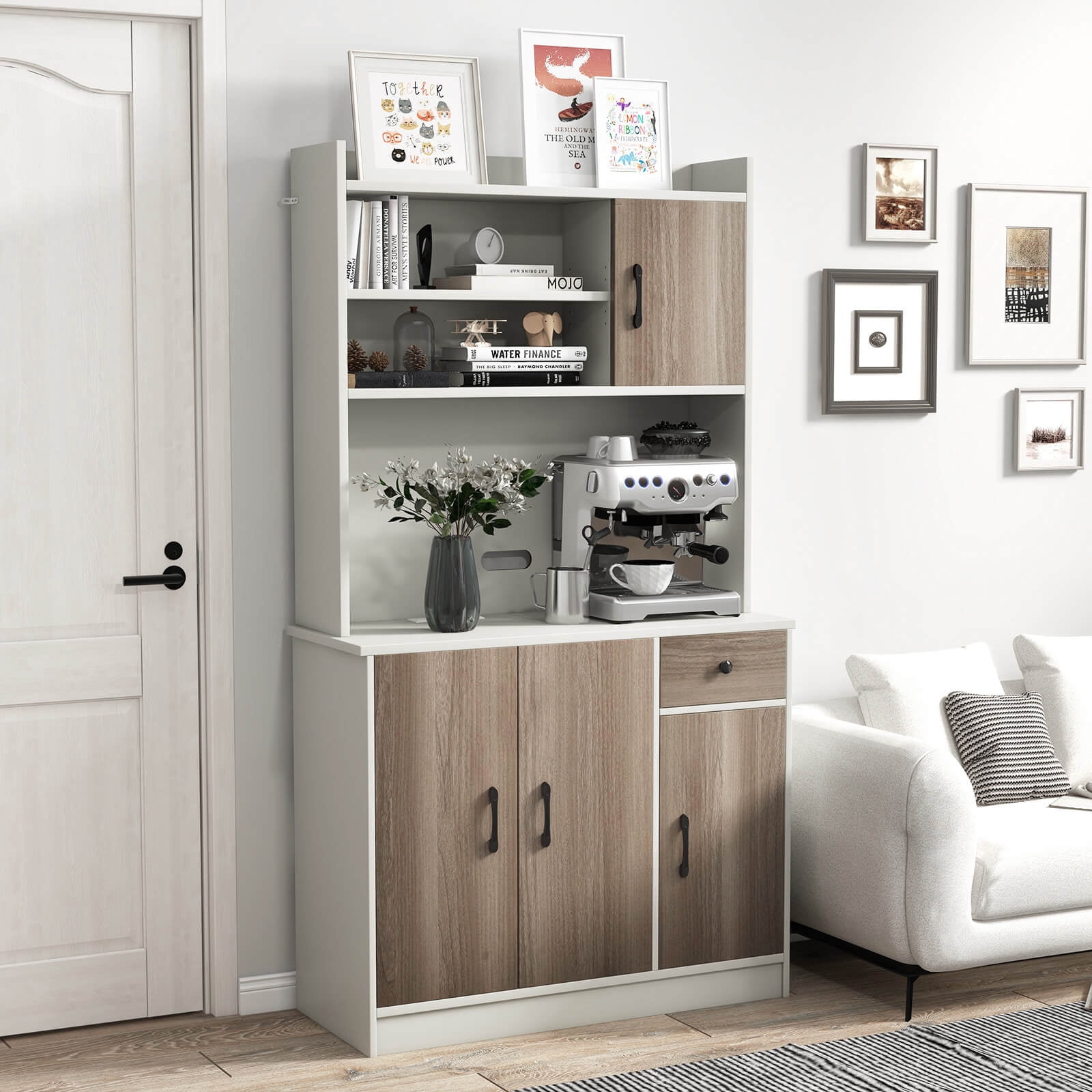 Costway 4-Door 71'' Kitchen Buffet Pantry Storage Cabinet w/Hutch Adjustable Shelf White