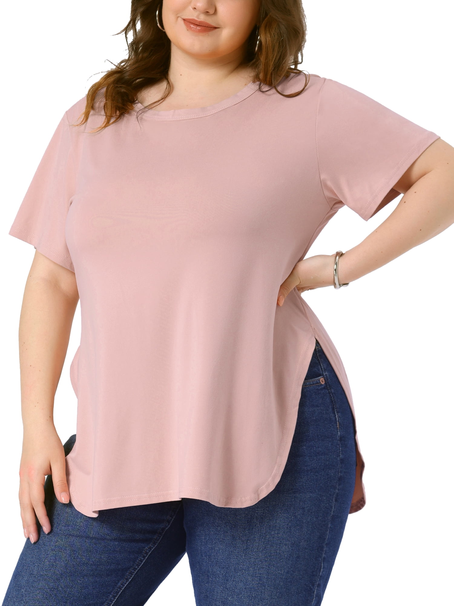 DARING DIVA Women's Plus Top Round Neck Side Split Hem T-Shirts 1X Pink