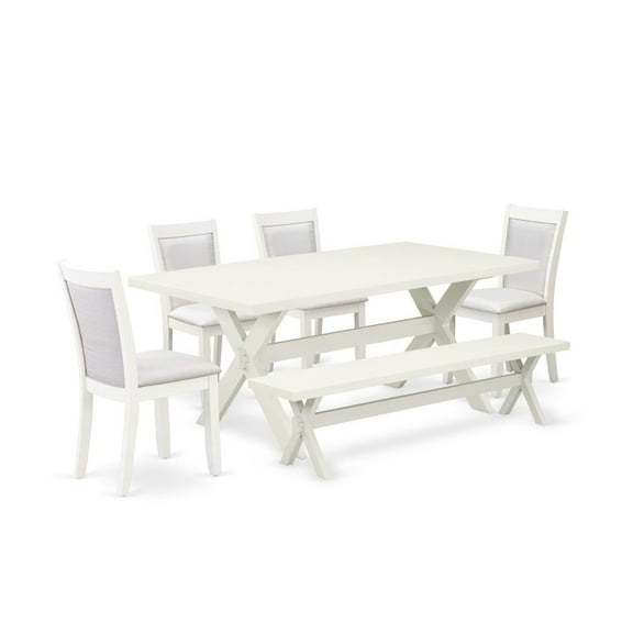 East West Furniture X027MZ001-6 6-Piece Dining Set Includes a Dining Table - 4 Cream Dining Chairs and a Wood Bench - Wire Brushed Linen White Finish