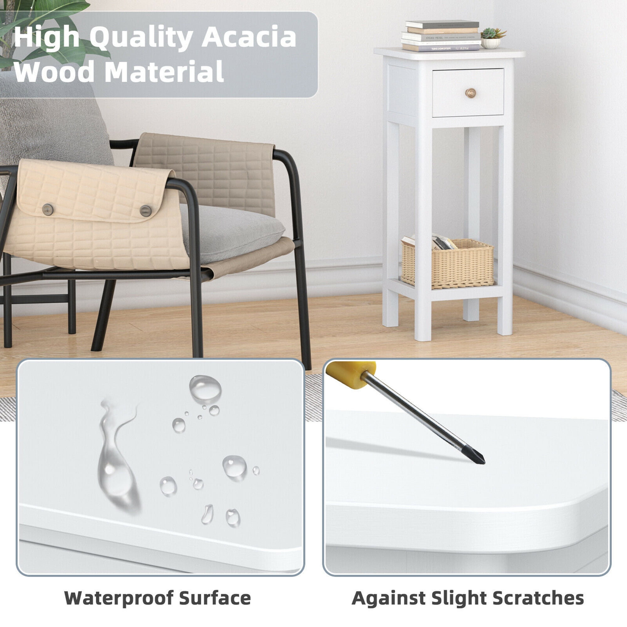 Gymax 2 Tier End Table with Drawer, White
