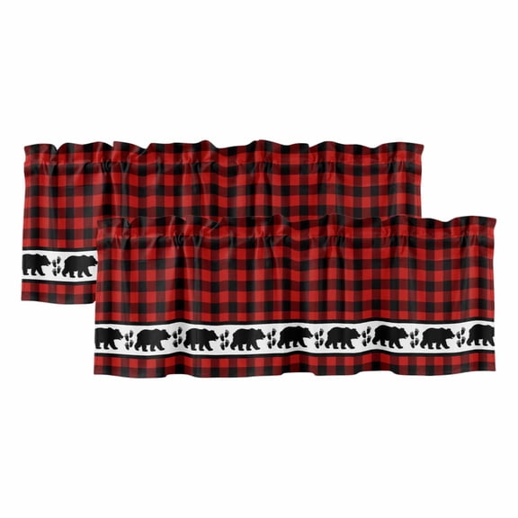 Red Black Plaid Valances for Windows, Country Vintage Bear Buffalo Gingham Light Filtering Kitchen Curtains, Rod Pocket Window Valance Curtains for Living Room Bedroom, 54" W x 18" L, 2 Panels