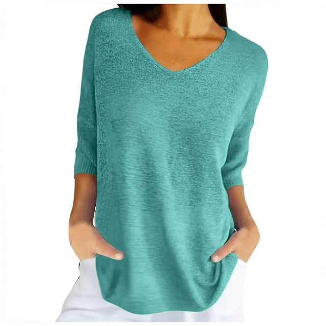XDZJLR Women T Shirts Spring Casual 3/4 Sleeve Solid Color V Neck Loose Pullover Knit Fall Sweaters Tees