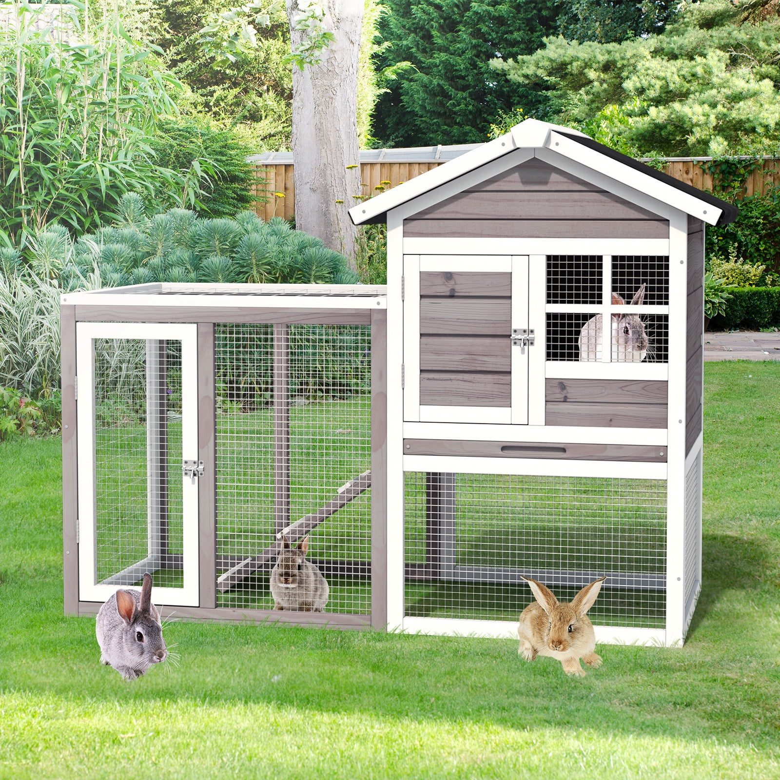 Infans Wooden Chicken Coop 2-Story Rabbit Hutch Indoor Outdoor Use