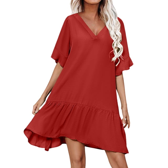 JFHHQ Robe à Taille Élastique pour Femme, Col en V, Décontractée, Ample, Robe de Plage/cache-Maillot pour Tenue de Villégiature, S Rouge