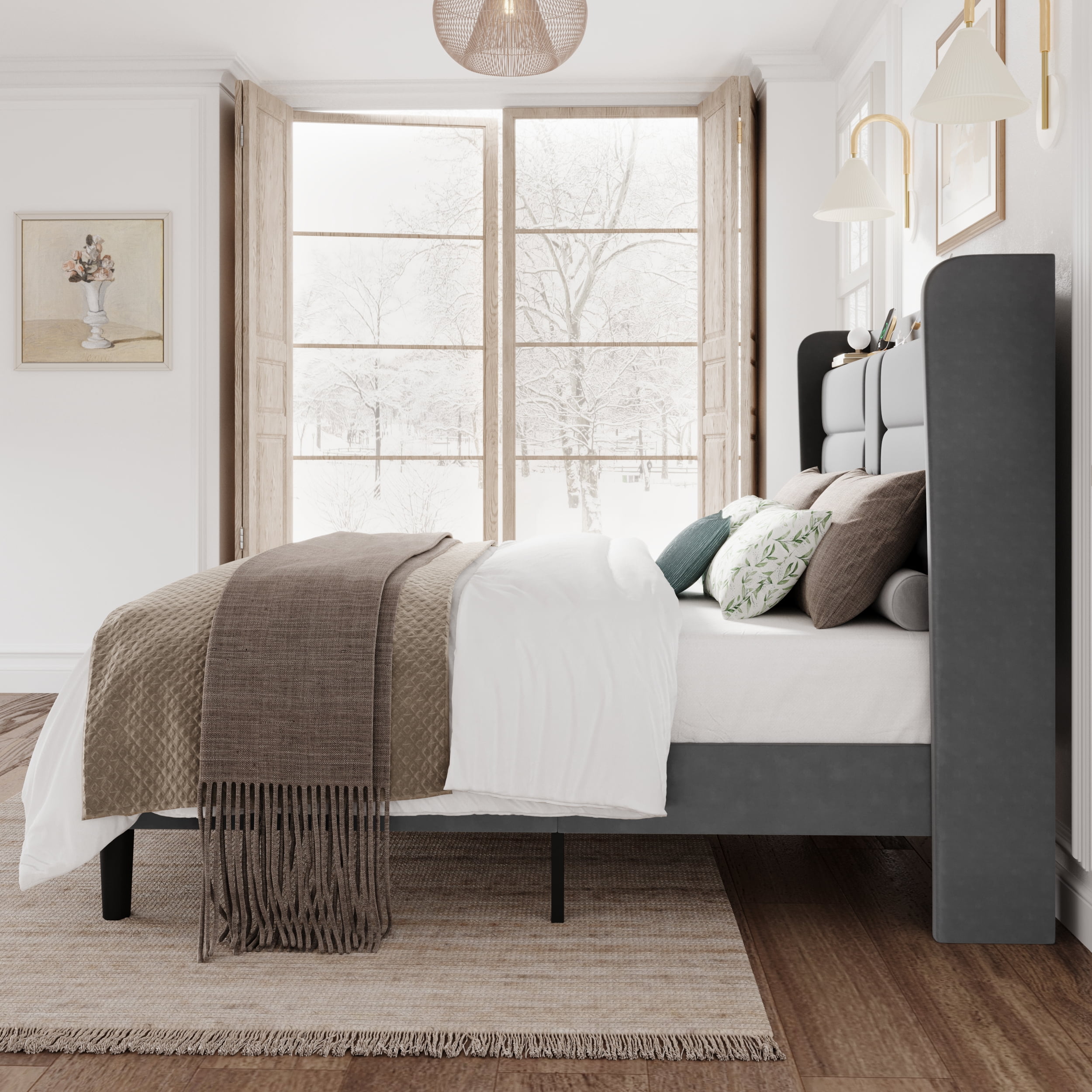 Amolife Full Size Upholstered Platform Bed Frame with Velvet Wingback Headboard & USB Charging Ports, No Box Spring Needed, Grey