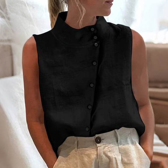 Uootdi Business Casual Tops for Women Sleeveless Stand Collar Side Button Detail Office Commute Blouses Shirts Gift