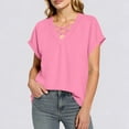 thumbnail image 3 of AKOEE Women's T-Shirts Criss-Cross V Neck Short Sleeve Tops Soft Plaid Tshirts Casual Summer Trendy Clothes (XL, Pink), 3 of 7