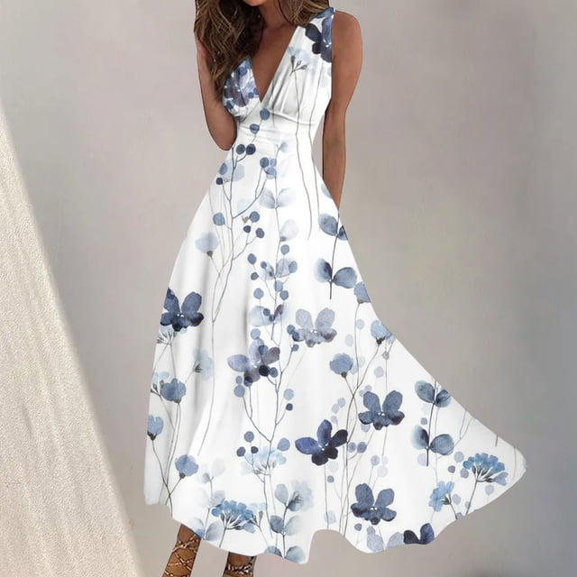 Fankiway Robe Longue Sans Manches à Col en V Imprimée Mode Printemps/été pour Femmes Robes de Plage Grande Taille pour Femmes