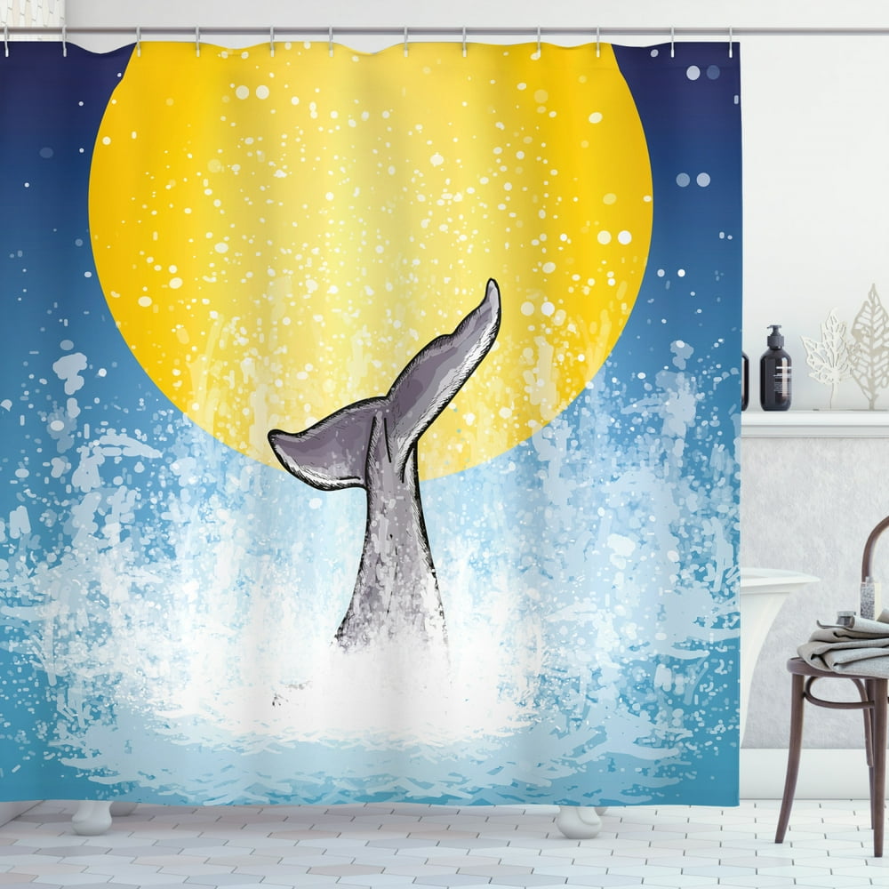 Whale Shower Curtain, Whales Tail in Ocean on Full Moon Diving in Water