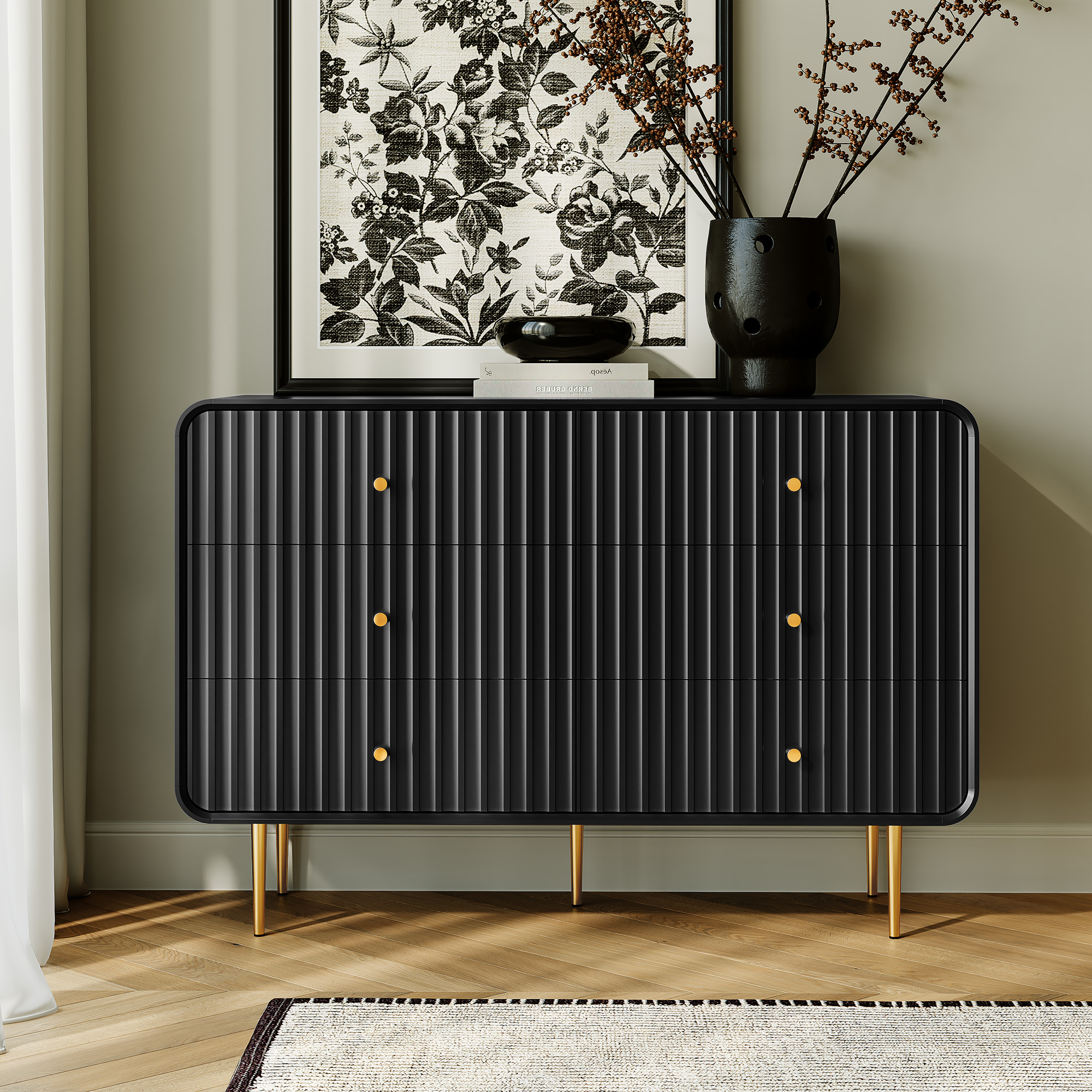 HLR 6 Drawers Dresser for Bedroom, 54'' W Modern Fluted Storage Chest of Drawers for Hallway, Black