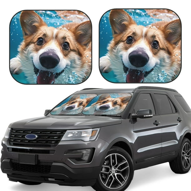 Balery Sea Swimming Corgi Parasol para parabrisas de coche de 2 piezas | Parasol plegable para parabrisas delantero de coche para la mayoría de sedanes-Medium