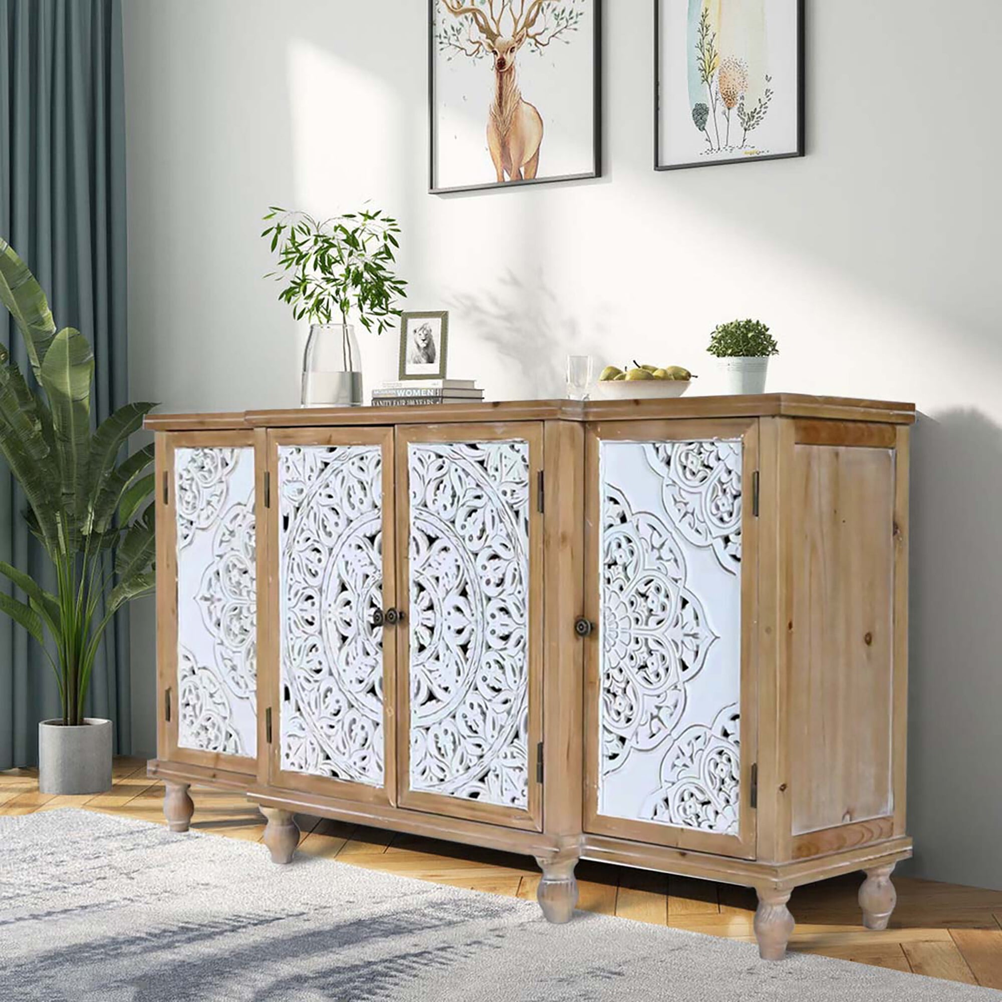 AENKYO Vintage Distressed Accent Cabinet Sideboard Buffet with Handmade Carved Doors and Adjustable Shelves, Natural