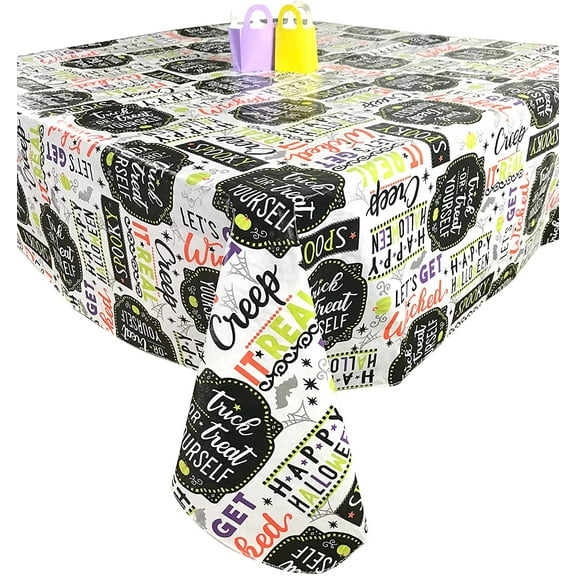 Halloween Flannel Backed Vinyl Tablecloth: Colorful Spooky Word Fun Humor