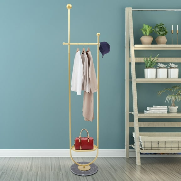 Miumaeov Gold Clothing Rack, Standing Clothes Stand with Bag Holder Heavy-Duty Clothes Rack Hanging Rack for Organizing Clothes Shoes Bags 73inch