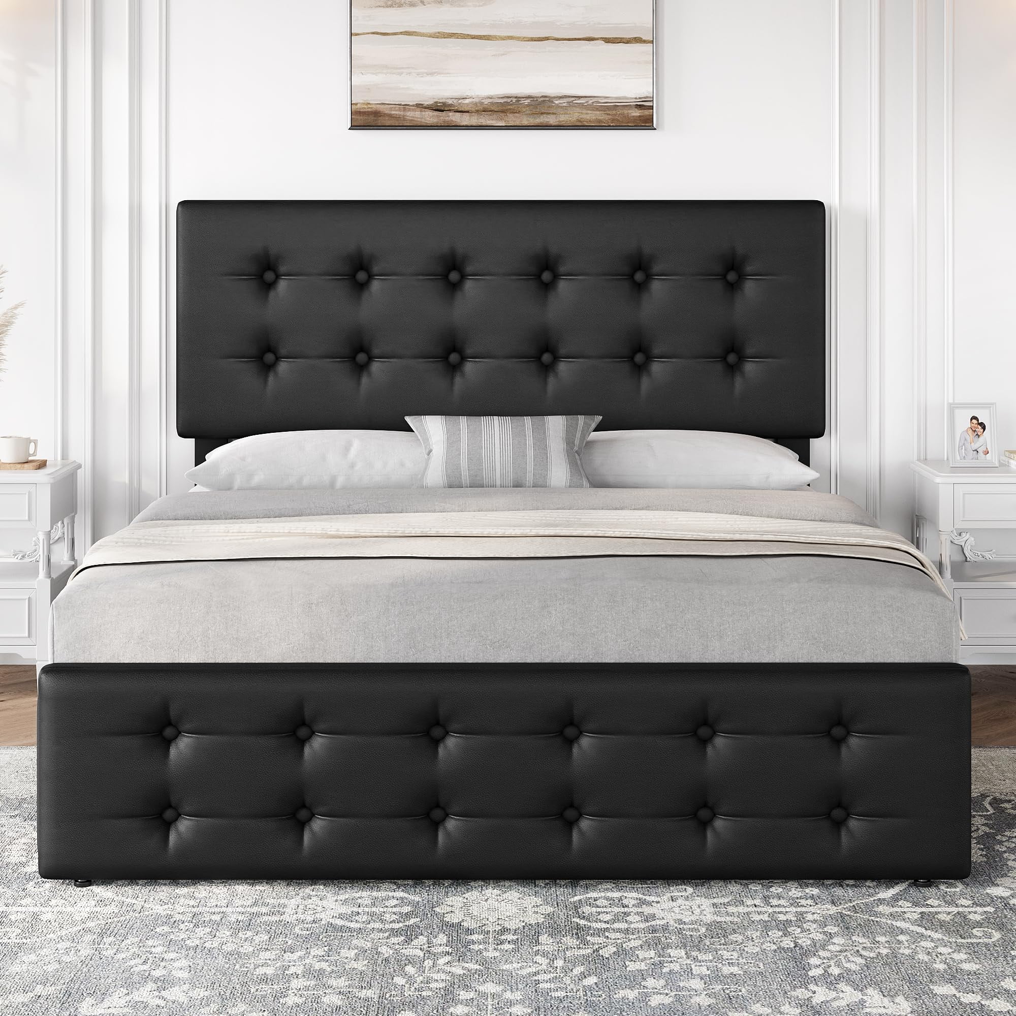 Maritcute Full Size Bed Frame with 4 Storage Drawers and Adjustable Headboard, Upholstered Mattress Foundation with Skin-Frienly Linen, No Box Spring Needed, Black