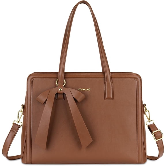 MOSISO Bowknot Laptop Tote Bag for Women, 15.6 inch PU Leather Laptop Bag