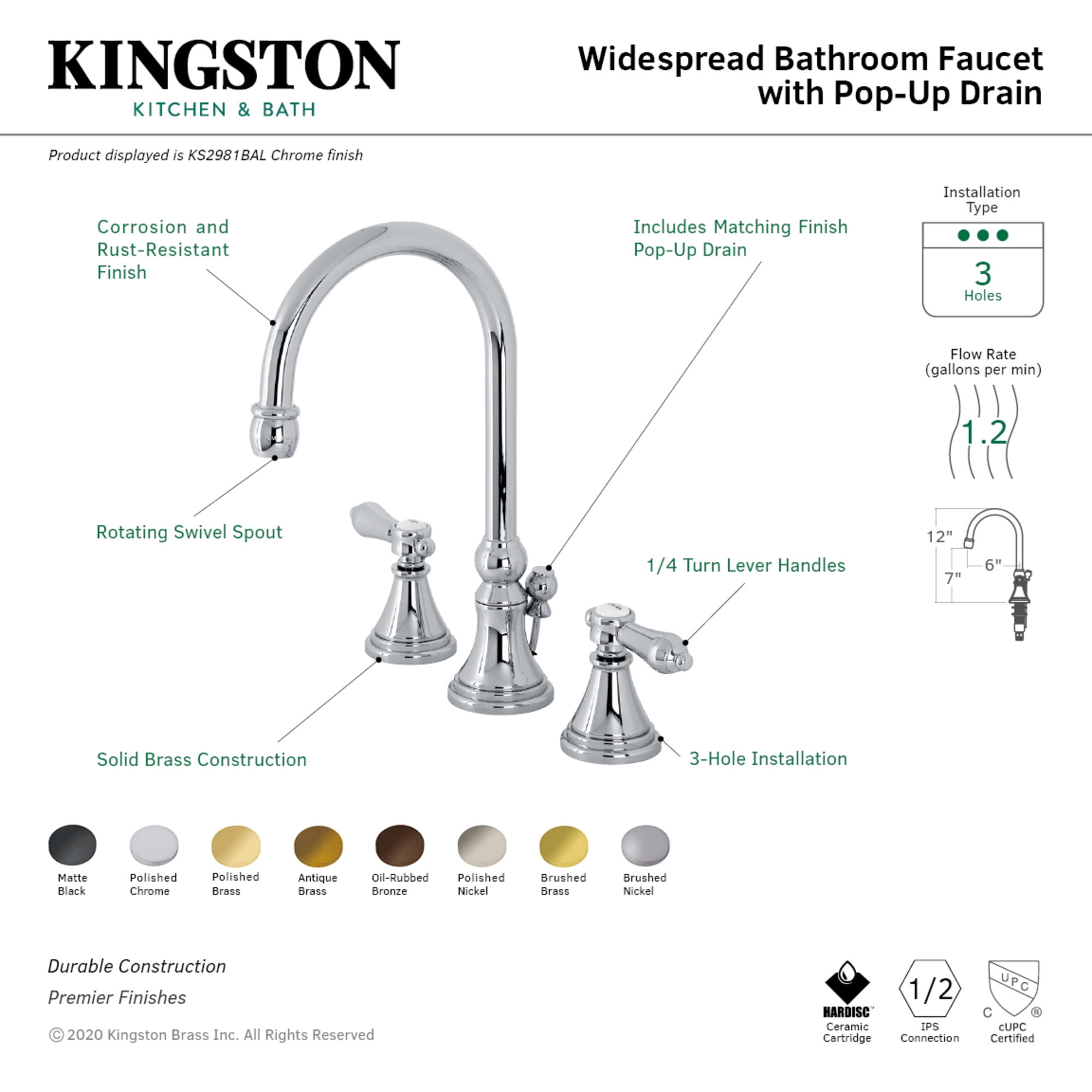 Kingston Brass KS2983BAL Heirloom Widespread Bathroom Faucet with Brass Pop-Up, Antique Brass
