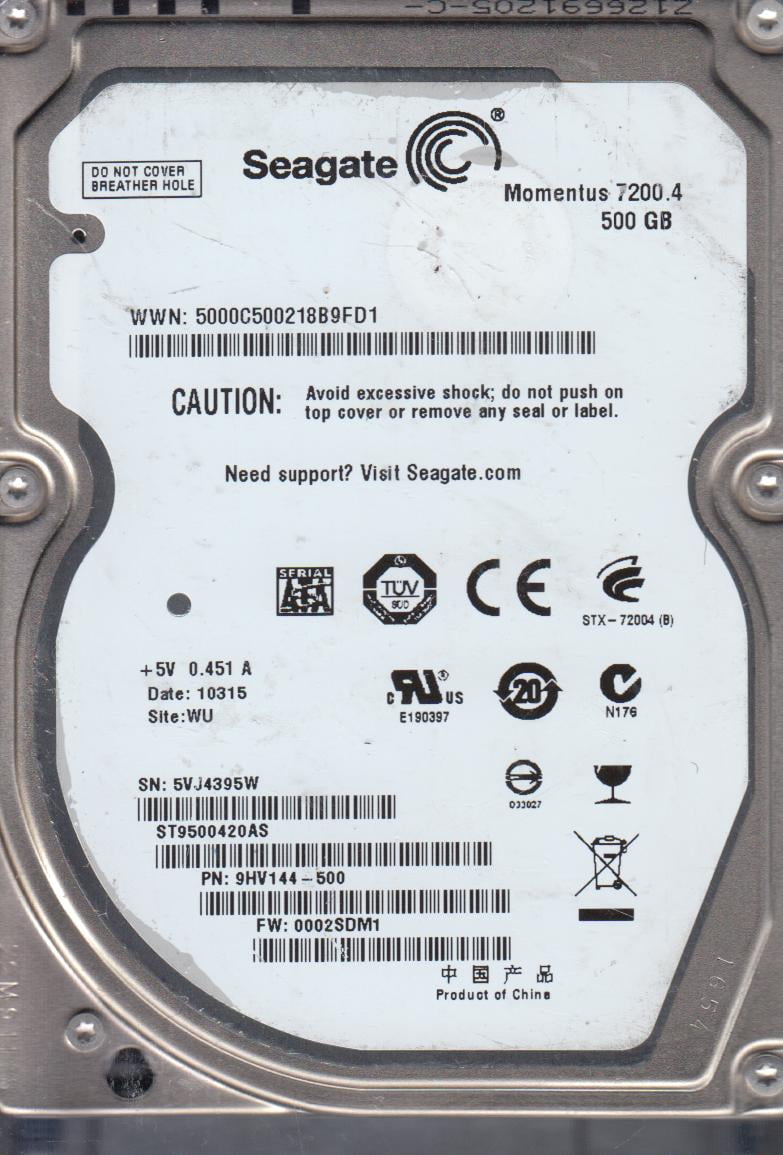 ST9500420AS, 5VJ, WU, PN 9HV144-500, FW 0002SDM1, Seagate 500GB SATA 2.5 Hard Drive