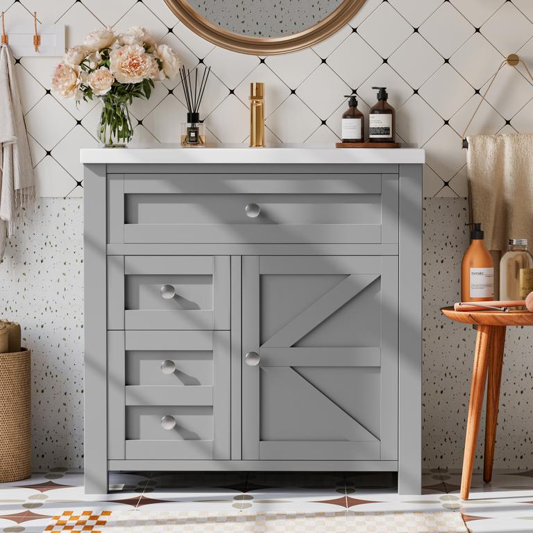 Lacoo 30'' Bathroom Vanity with Resin Sink, Wood Bathroom Storage Cabinet with Drawers and Shelves for Bathroom, Gray