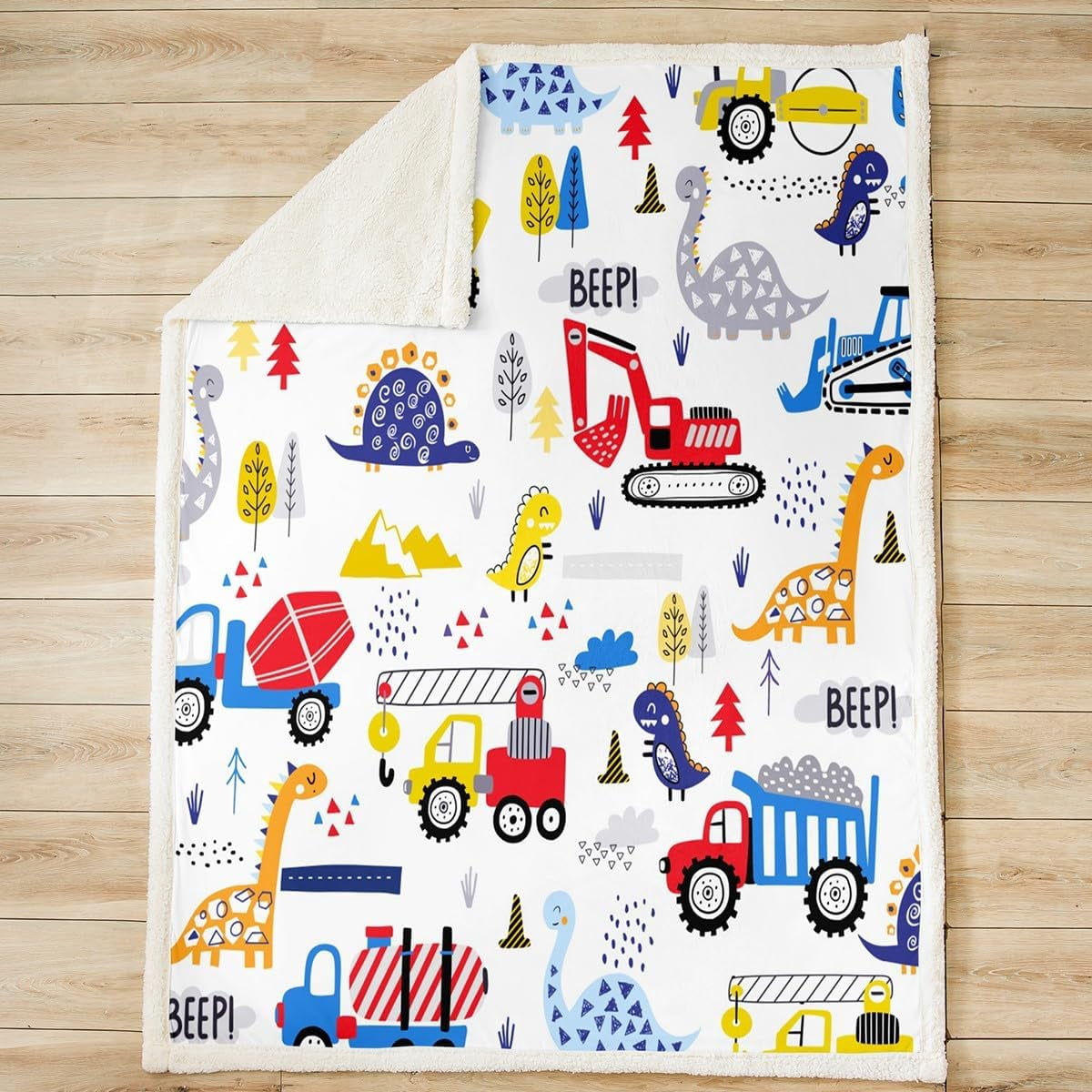 Cartoon Car Fleece Throw Blanket for Boys Toddler Kids Construction Dinosaur Sherpa Blanket Equipment Trucks Fuzzy Blanket for Sofa Cute Vehicles Kawaii Dino Decor,Red Yellow Blue,Throw 50x60 Inches