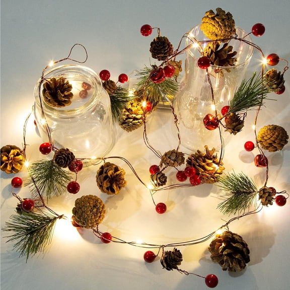 Gowinsee Artificial Christmas Garland with Lights - Battery Operated 2 m Pre-Lit Garland with 20 LED Lights, Red Berries, Pine Cones, Pine Needles Decor for Christmas Home
