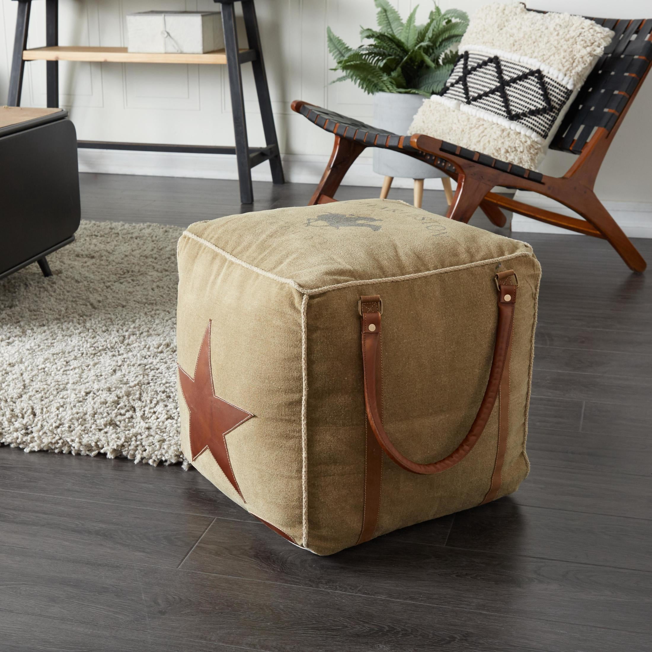 DecMode Rustic and Organic Square Ottoman Fabric Pouf features Tan Canvas and Brown Leather Handles with a Star Design, 20"W x 19"H