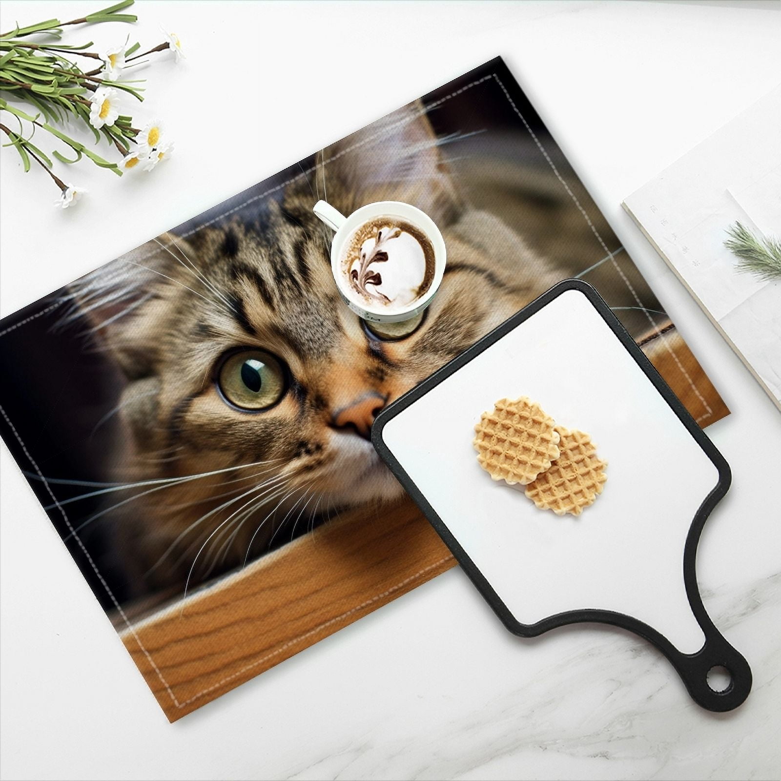 BaHomeck placemats Set of 4 rectangle Linen Cotton Placemats for Dining Table Washable Heat Resistant,18*12inch,Adorable Cat'S Face Peering Over The Edge Of Wooden Table