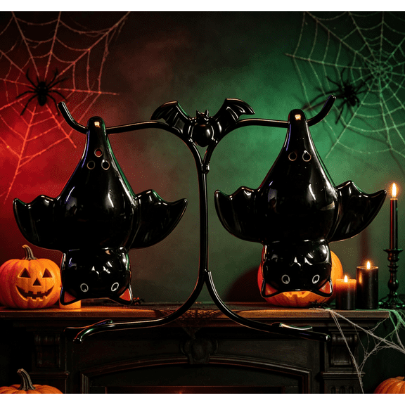 Halloween 2026 Hanging Bats With Stand Salt and Pepper Set, Dual Season Summerween Bats Salt & Pepper Shakers with holder For Halloween & Summerween Themed Dinner Gathering Table Layouts