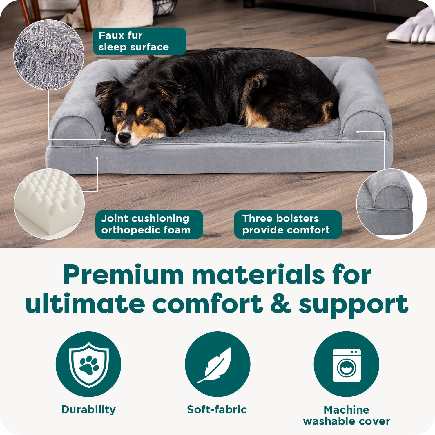 FurHaven Plush & Suede Orthopedic Sofa Pet Bed for Dogs & Cats - Gray, Large