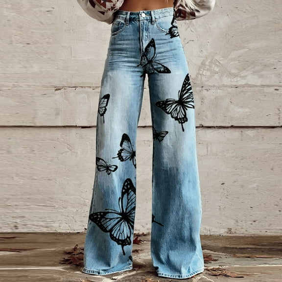 YanHoo Women's Wide Leg Floral Jeans Printed High Waisted Baggy Straight Leg Jeans Loose Stretchy Casual Denim Pants Black,M