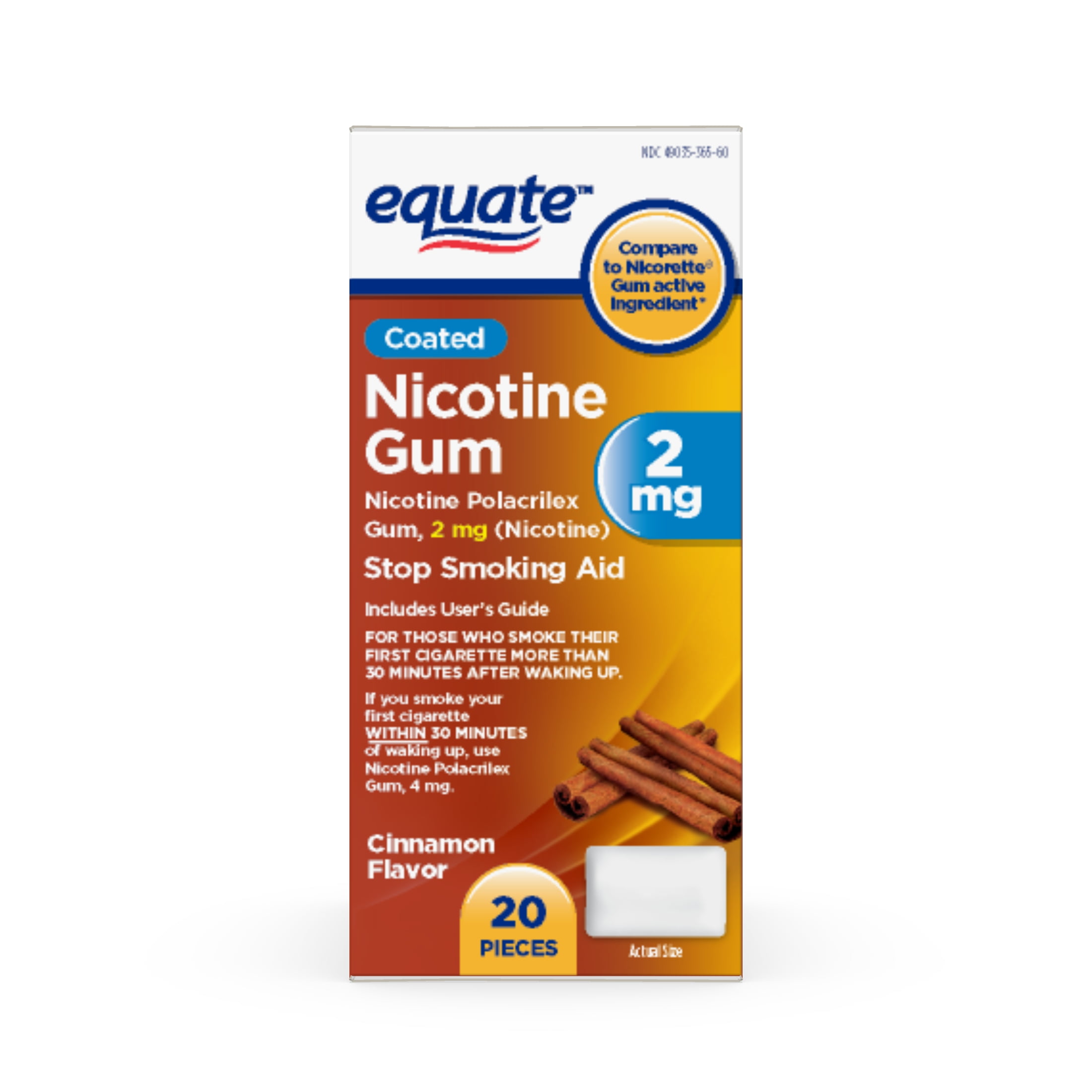 Equate Nicotine Coated Gum 2 mg, Cinnamon Flavor Stop Smoking Aid, 20 Count