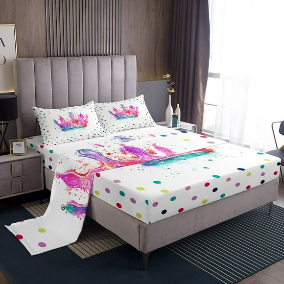 Erosebridal Princess Crown Sheet Set Twin, Rainbow Polka Dots Bedding Twin Size, Luxurious, 3 Pieces