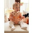 thumbnail image 3 of Loicainy Infant Baby Girls Halloween Bodysuit 3 6 9 12 18 Months Knitted Crocheted Pumpkin Doll Collar Plaid Long Sleeves Romper and Headband, 3 of 9