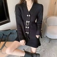 thumbnail image 3 of PIKADINGNIS Korean with Waist Belt Knitted Dress Women Autumn Long Sleeve V-neck Dress Woman Double-breasted Sweater Dresses, 3 of 6