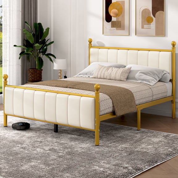 Modern Luxury Queen Size Metal Platform Bed Frame with Faux Leather Upholstered Headboard, Hollow Breathable Design, Gold/White