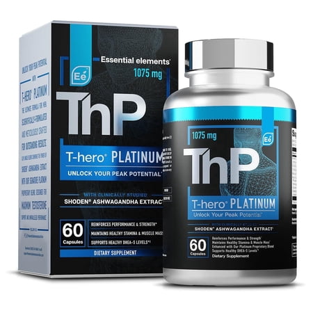 Essential Elements T-Hero Platinum - Testosterone Support for Men - Vitality and Drive - Ashwagandha, Shilajit, Boron, DIM - 60 Capsules