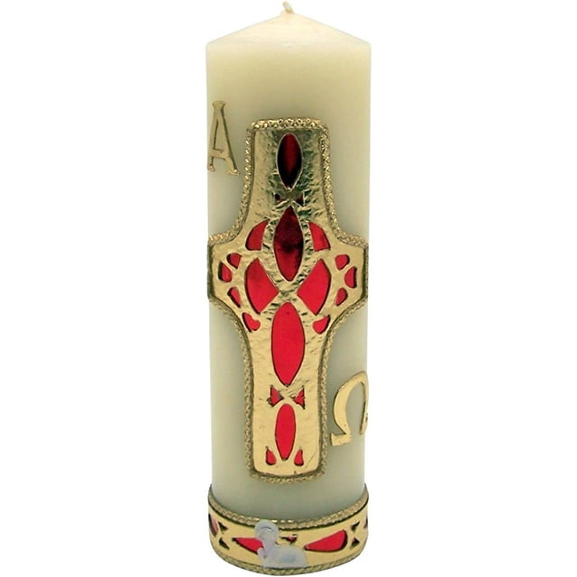Mosaic Cross with Alpha and Omega Devotional Candle, Features a Sheep at The Bottom, Religious Gift, 8 Inches