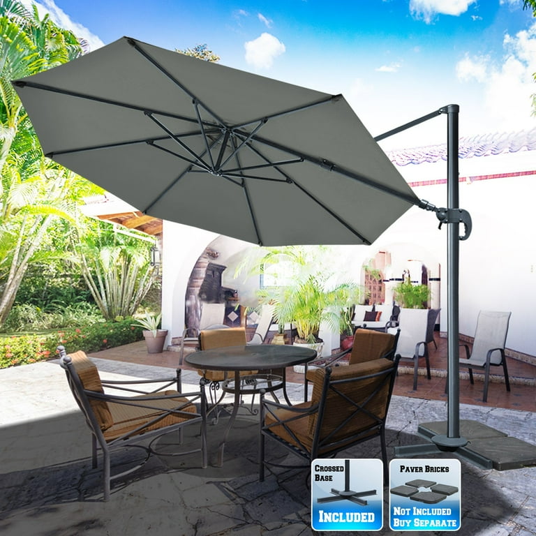 cantilever patio umbrella roma 11.5' Deluxe Patio Umbrella Outdoor Off-Set Hanging Roma Umbrella Tilt &  365 Rotation Patio Heavyduty Sunshade Cantilever Crank(steel cross base is