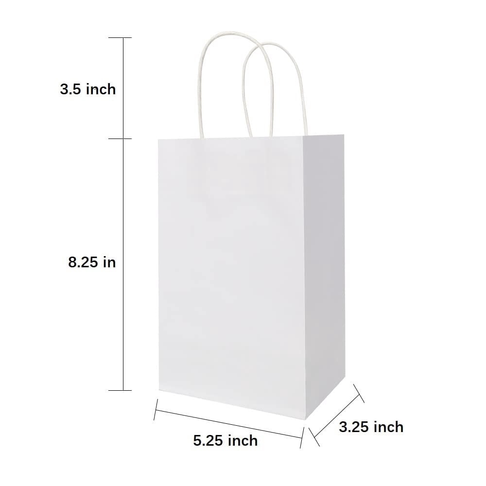 100pcs 5.25x3.25x8.25 Inch Small Plain Natural Paper Gift Bags with Handles Bulk, Kraft Bags for Birthday Party Favors Grocery Retail Shopping Business Goody Craft Bags Cub (White 100 Count)