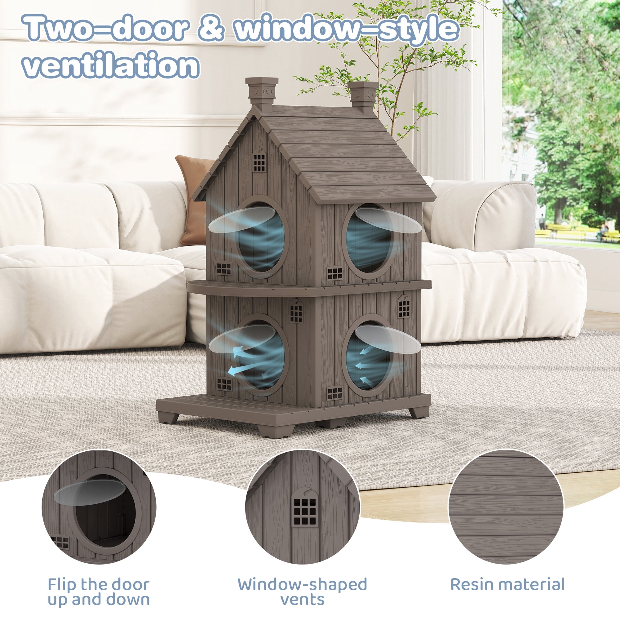 Bifanuo Outdoor Cat House,Weatherproof Resin Cat House,Multi-Layer,Villa-Style Outdoor Cat Shelter,Assemble Easily for Home & Yard,Gray