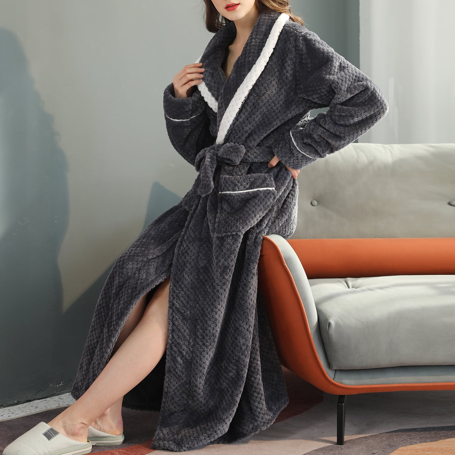 Homgro Women's Long Sleeve Pajamas Bath Robe Long Summer Lightweight Soft  Cool Comfy Winter Sleeping Bathrobe Navy Large