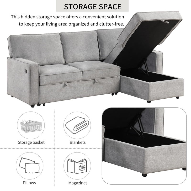 Convertible Sleeper Sofa Bed, L-Shaped Sectional Sofa Pull Out Couch with Storage Chaise & USB Ports, 89'' Sofa Couch with Cup Holder for Living Room Apartment