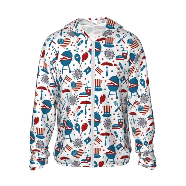 Fotbe Fourth Of July Party Chaqueta con Protección Solar UPF 50+ para Hombre y Mujer, Camisa con Capucha y Bolsillos-XX-Large