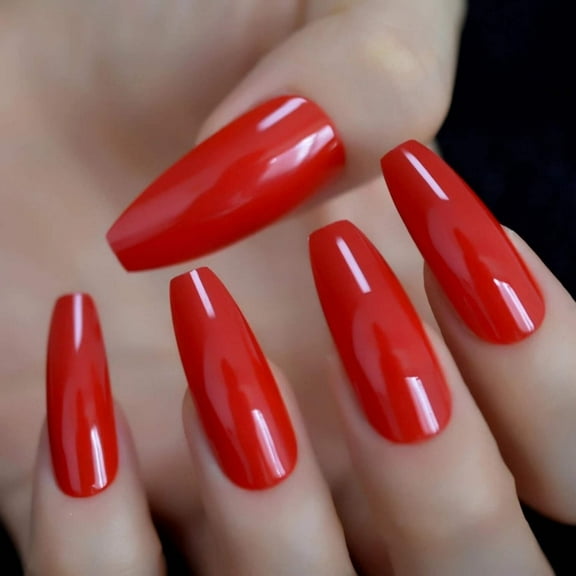 Red Press On Nails, Extra Long Coffin Ballerina Glue On Artificial Fake Nails Set, Chic Diva